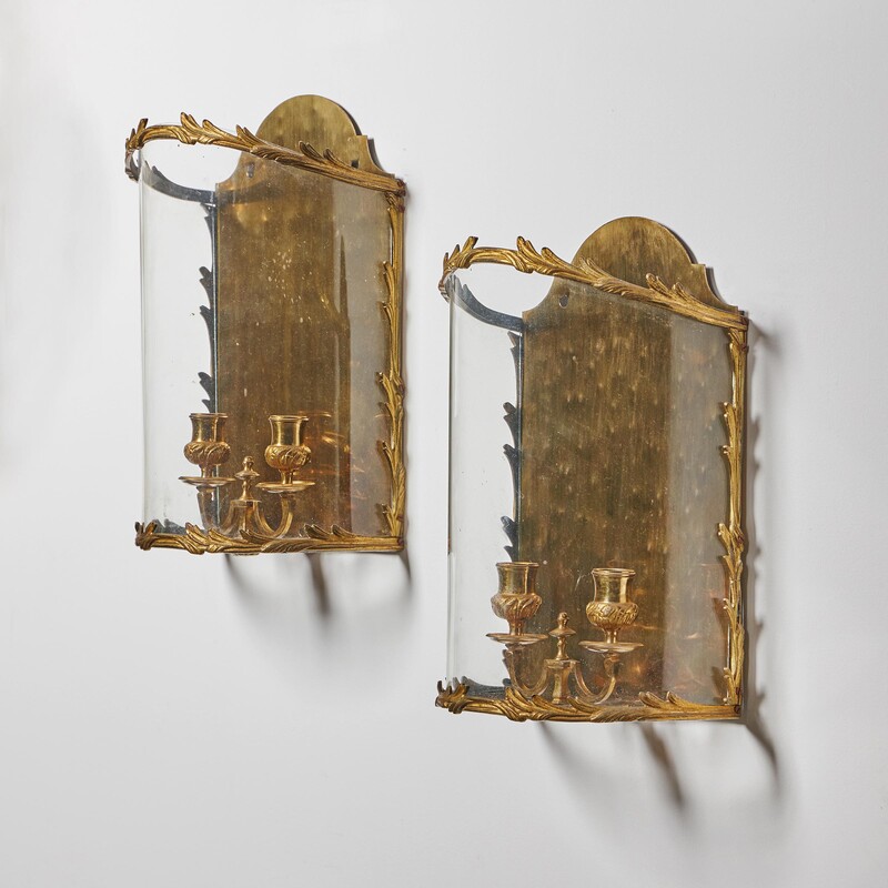 An Unusual Pair of Early 19th Century Louis XV Style Bow Fronted Wall Lanterns Executed in Gilt Brass 