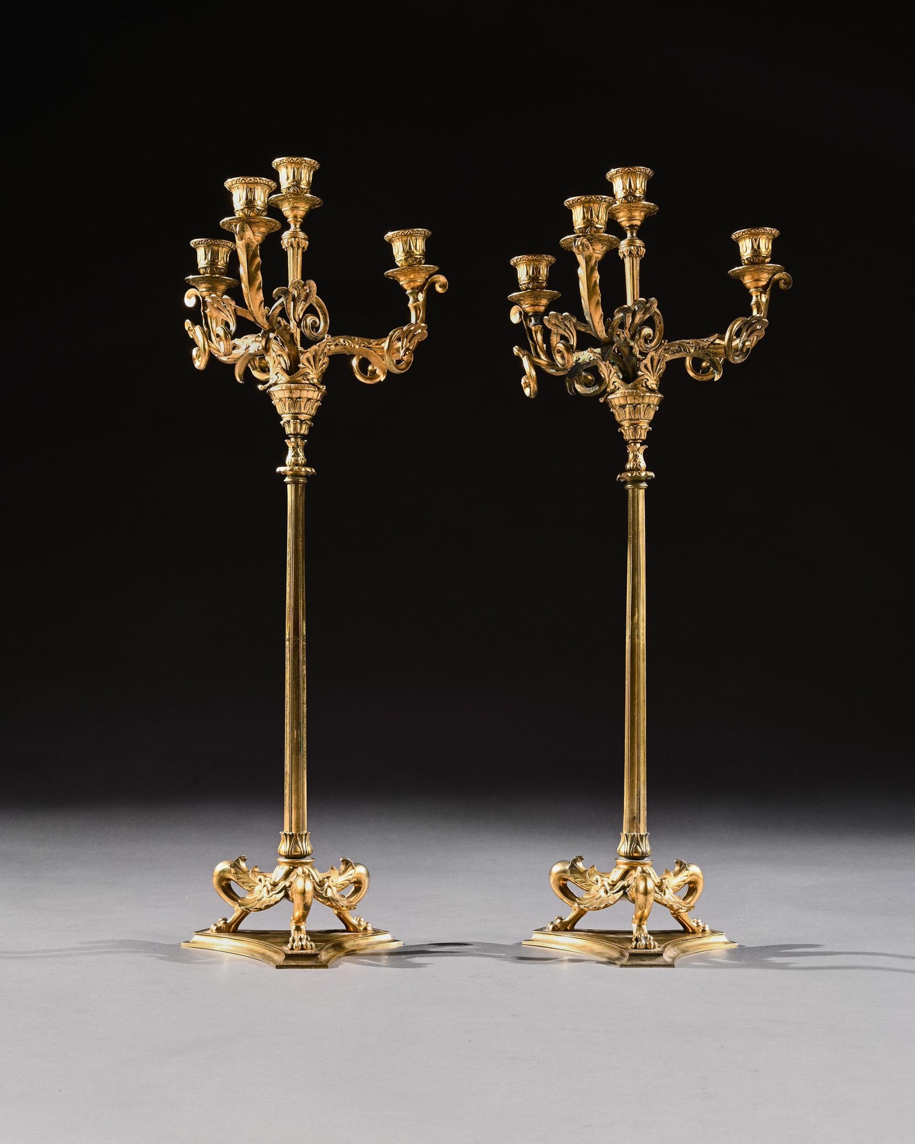 Elegant Pair of 19th Century Gilt Brass Candelabra by Elkington & Co