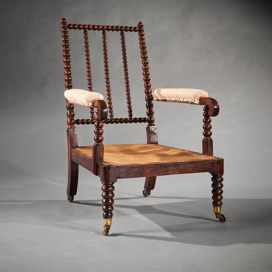 19th Century Bobbin Turned Open Armchair on Brass Cup Castors