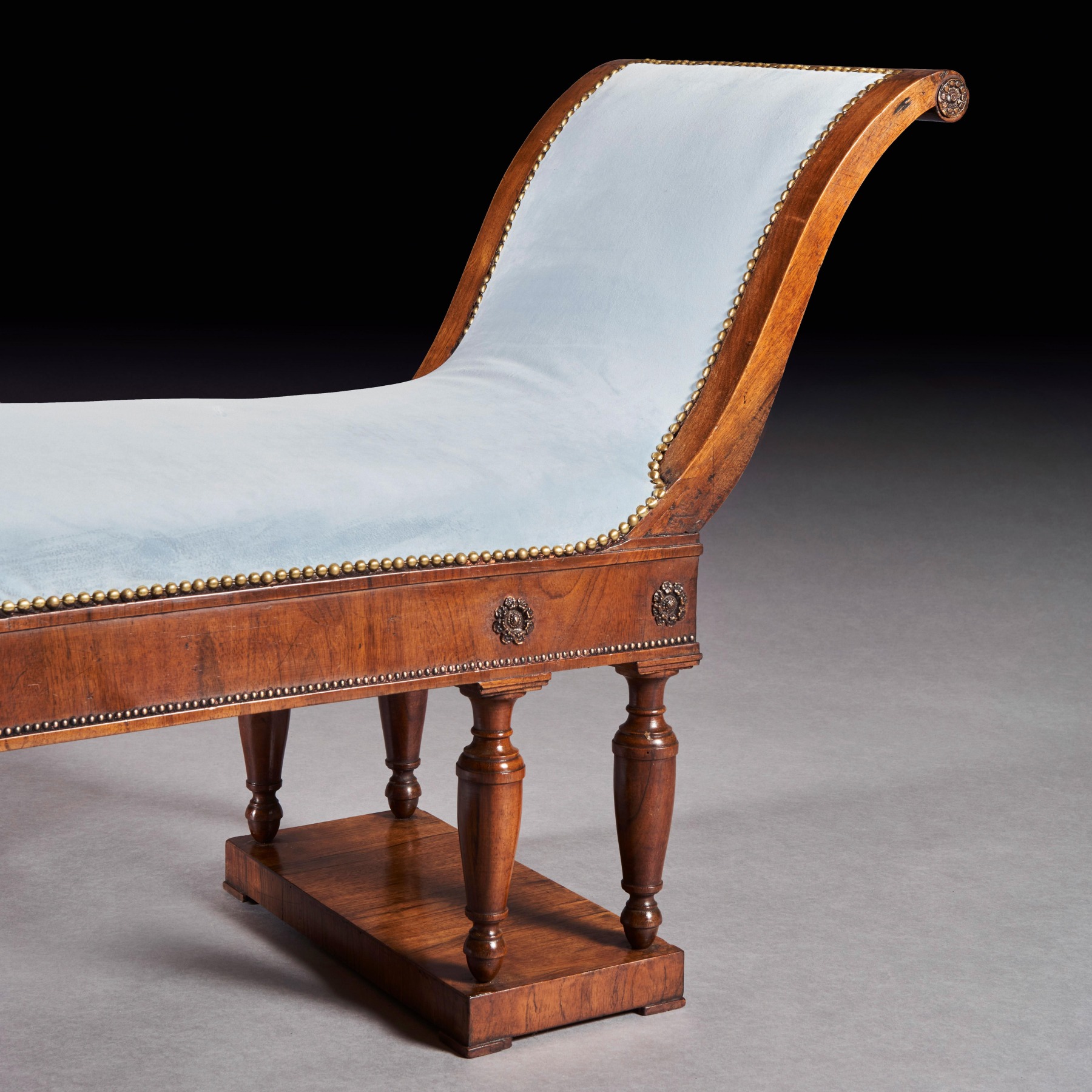 Elegant Italian Neoclassical Empire Walnut Upholstered Scroll End Bench Daybed