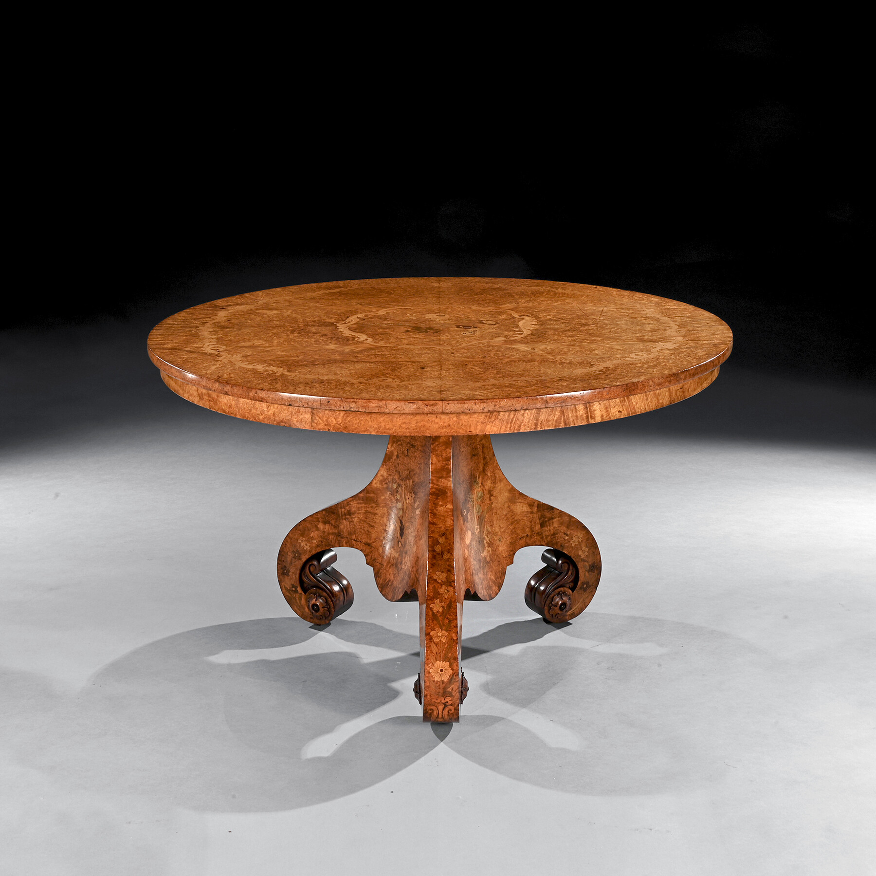 A Fine Burl Amboyna and Marquetry Centre Table Attributed to George Blake and Co and Probably Retailed by Edward Holmes Baldock