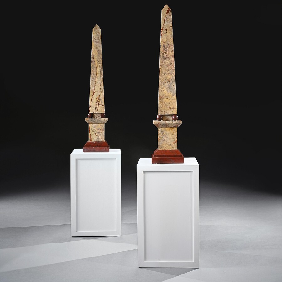 Monumental, Pair, Portasanta, Rosso Antico, Marble, Obelisks, Italian