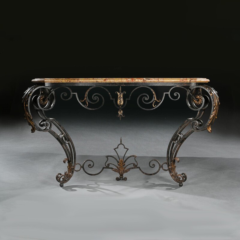 19th Century French Wrought Iron and Parcel Gilt Marble Top Console Table
