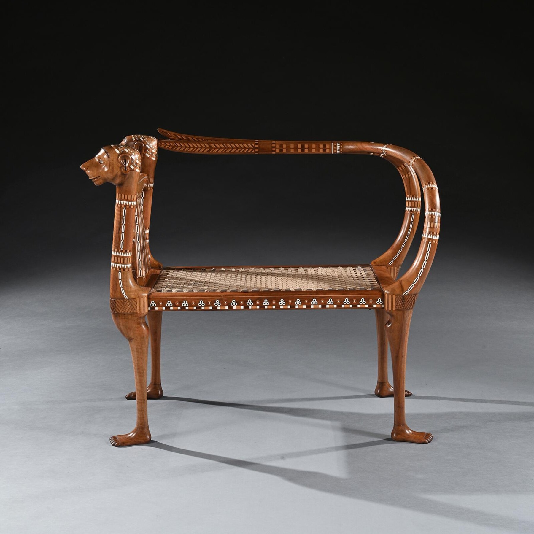 An Extremely Rare Exhibition Quality Egyptian Revival Walnut and Inlaid Bench or Window Seat