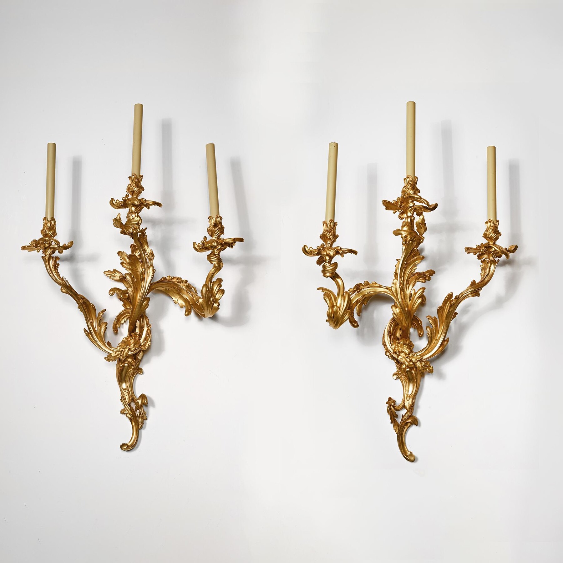 Pair of Large 19th Century French Three Branch Ormolu Wall Lights or Appliqués