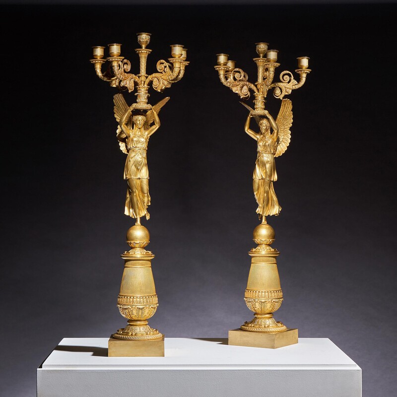 Exceptional Pair of French Late Empire Gilt-Bronze Candelabra Attributed To Pierre-Philippe Thomire.