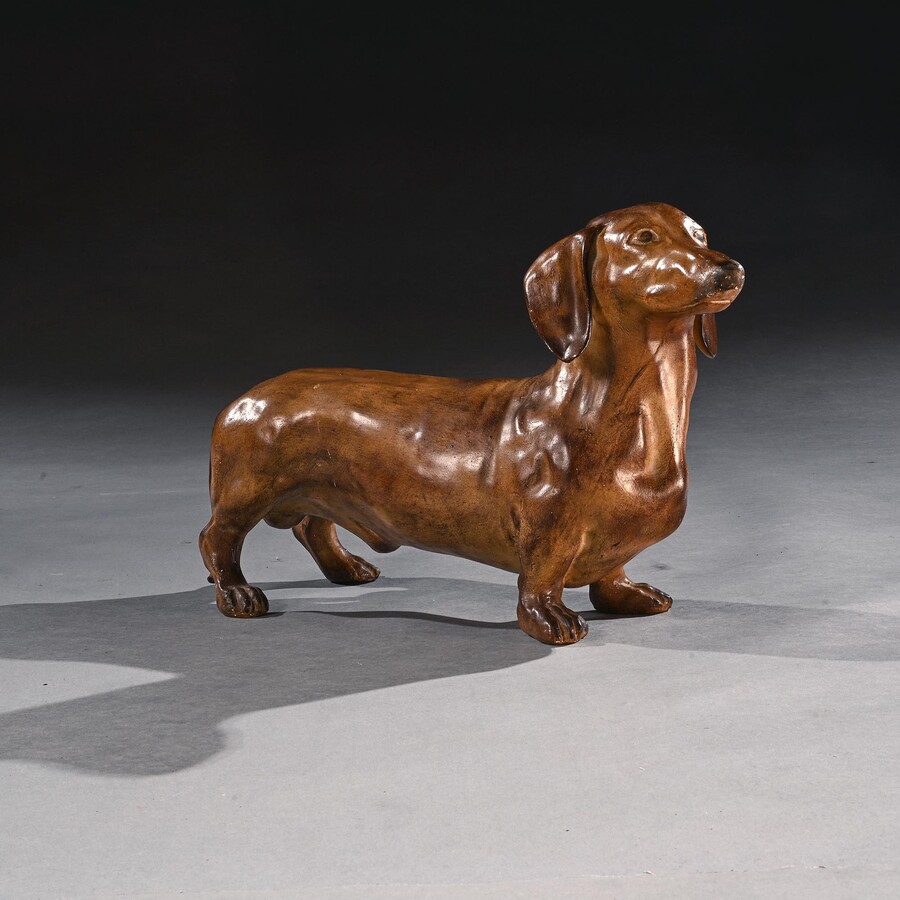 Rare, French, Life-like, Glazed, Terracotta, Sculpture, Dachshund, Dog, sausage