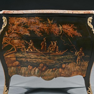 Decorative, 19th Century, French, Bombe, Commode, Painted, Japanned, Decoration, Ormolu Mounts