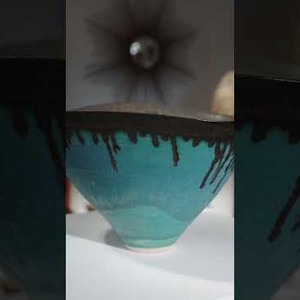 Dame Lucie Rie Turquoise Stoneware Bowl with Dripping Manganese Glaze & Wavy Rim | Loveday Antiques