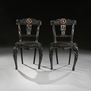 Pair of Ceylonese 19th Century Carved Ebony Side Chairs with Specimen Inlay Galle District 