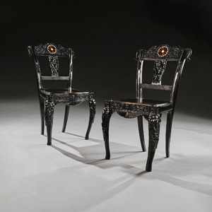 Pair of Ceylonese 19th Century Carved Ebony Side Chairs with Specimen Inlay Galle District 