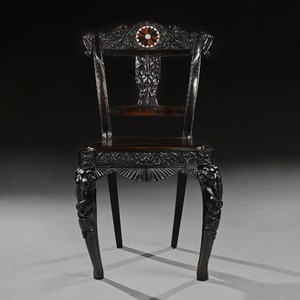 Pair of Ceylonese 19th Century Carved Ebony Side Chairs with Specimen Inlay Galle District 