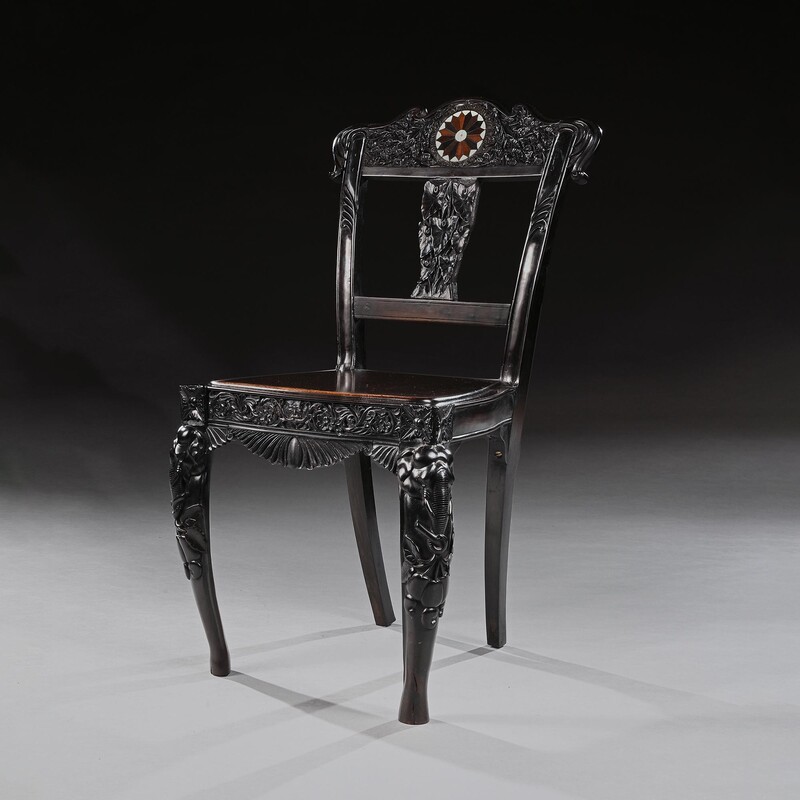 Ceylonese 19th Century Carved Ebony Side Chair with Specimen Inlay Galle District