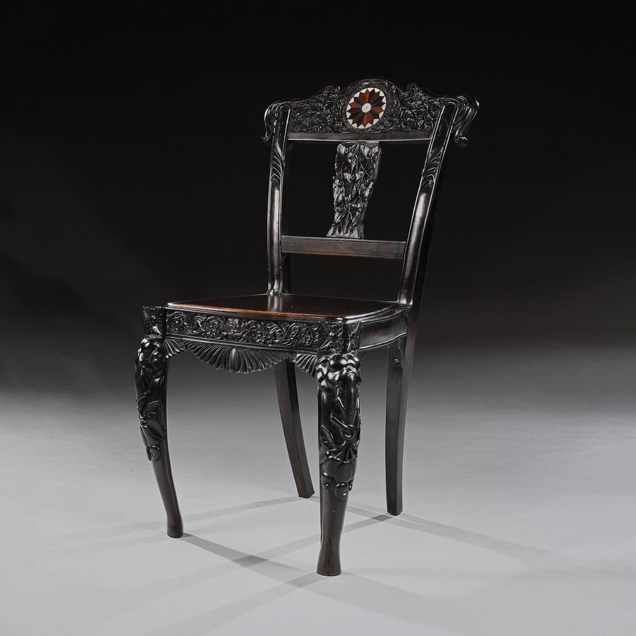 Ceylonese 19th Century Carved Ebony Side Chair with Specimen Inlay Galle District 