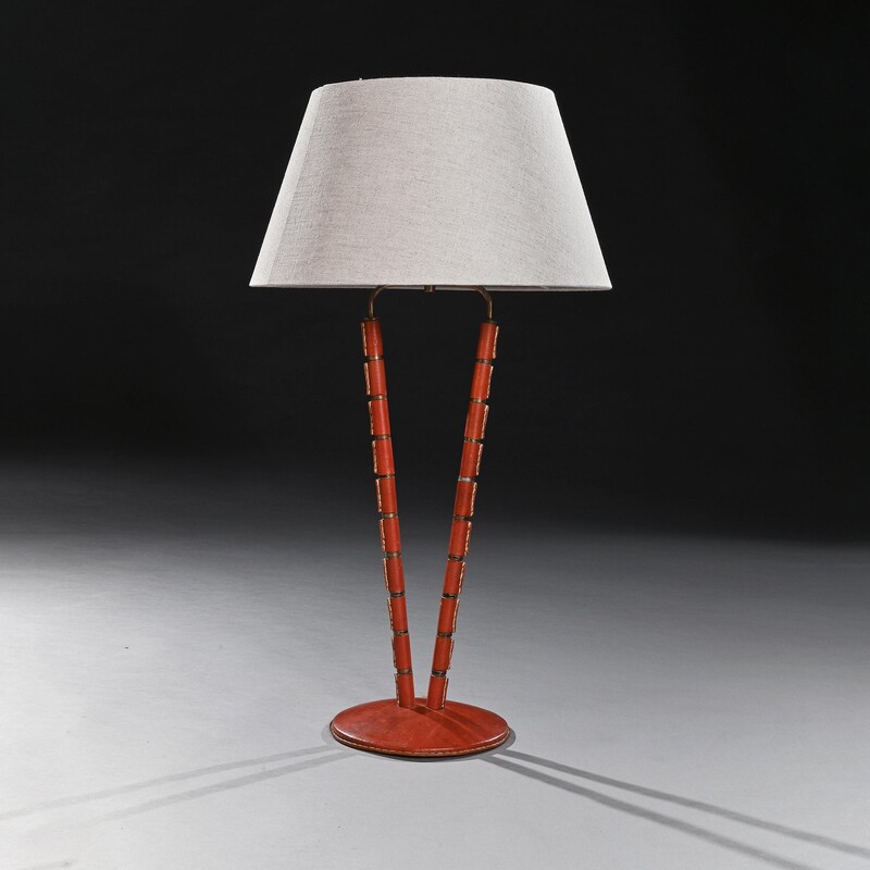French Mid Century Modernist Leather Table Lamp by Jacques Adnet