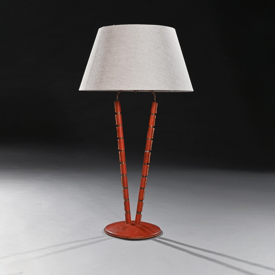 French Mid Century Modernist Leather Table Lamp by Jacques Adnet