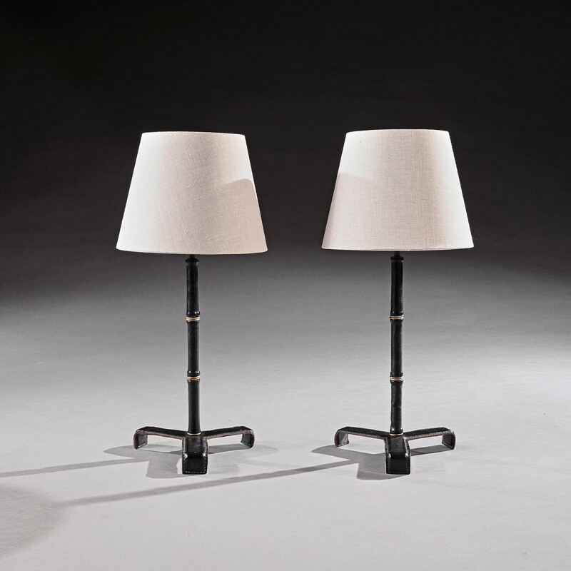 Pair of Leather Mid Century Simulated Bamboo Table Lamps Attributed to Jacques Adnet