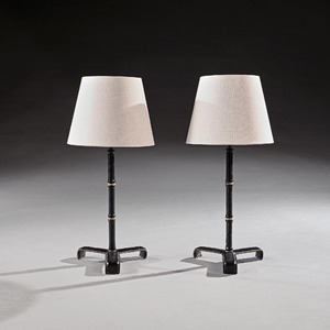 Pair of Leather Simulated Bamboo Table Lamps Attributed to Jacques Adnet