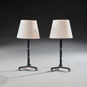 Pair of Leather Simulated Bamboo Table Lamps Attributed to Jacques Adnet