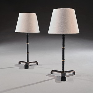 Pair of Leather Simulated Bamboo Table Lamps Attributed to Jacques Adnet