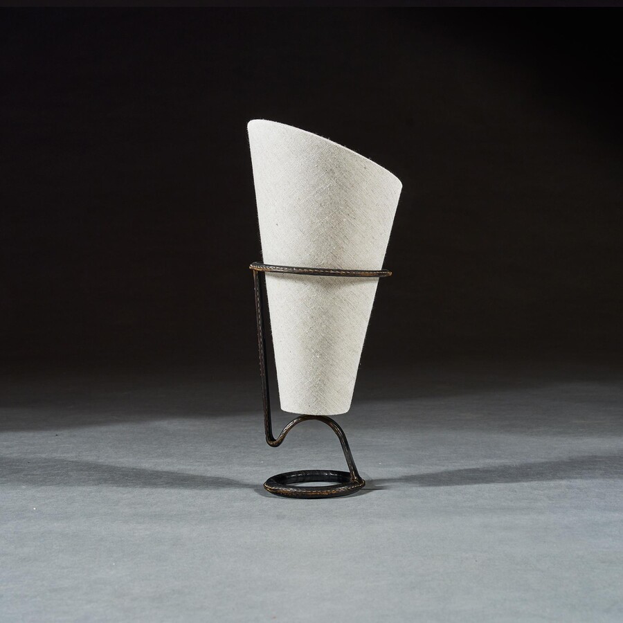 Mid 20th Century Jacques Adnet Black Leather Stitched Torch Shaped Table Lamp