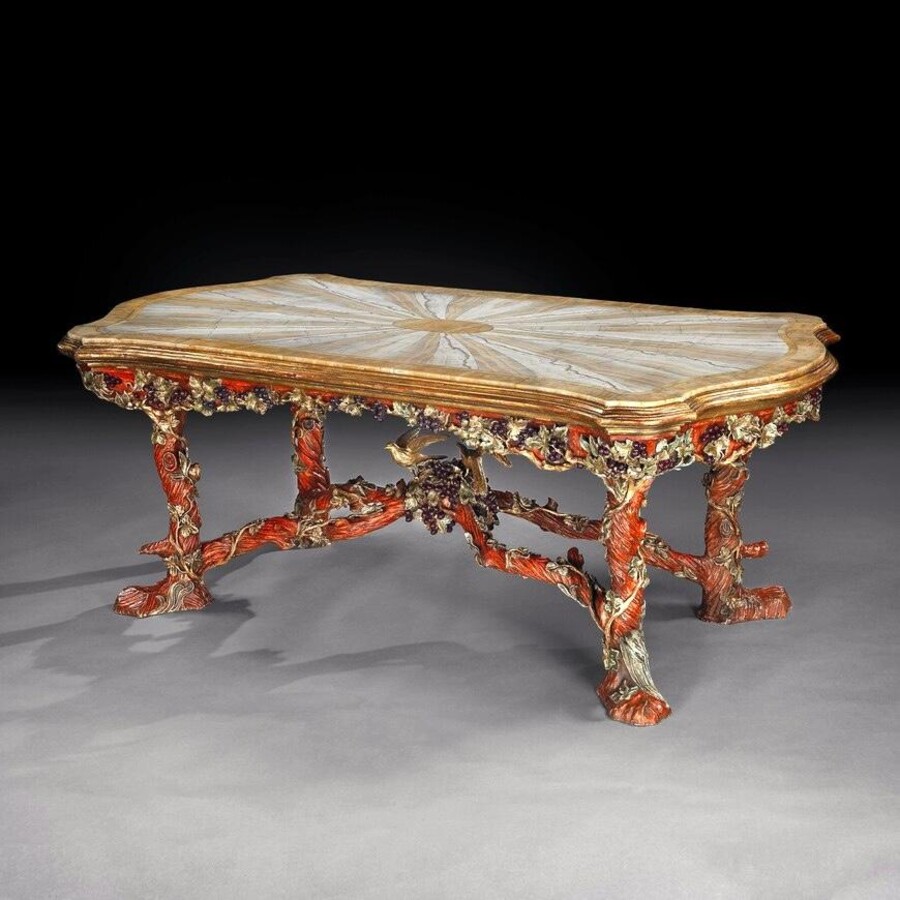 OUTSTANDING ITALIAN CARVED WOOD POLYCHROME CENTRE TABLE WITH ONYX TOP BY AMULET BERTONI