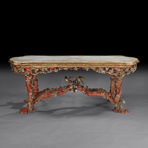 Italian carved wood faux bois vine branch polychrome centre table