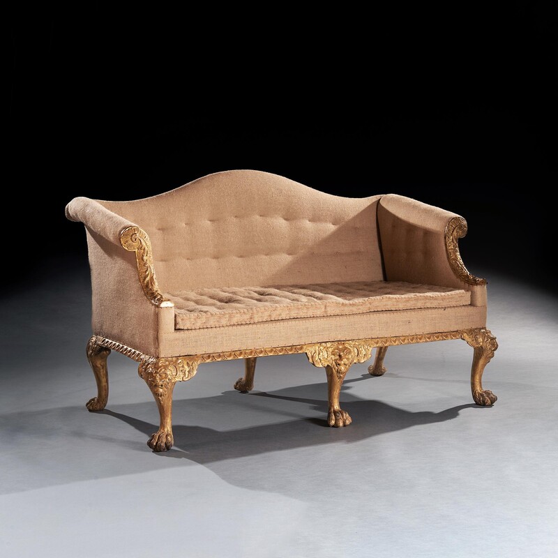 George II Giltwood Sofa on Lion Mask Hairy Paw Feet In The Manner of Giles Grendey 