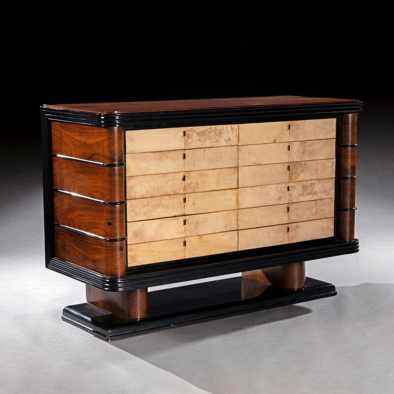 Art Deco Palisander Commode of Unusual Form With Parchment Covered Drawers