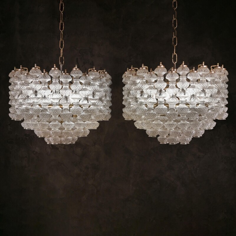 A Fine Pair of Mid Century Hand Blown Glass Chandeliers Designed by Flavio Poli for Seguso, Murano,