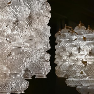 A Fine Pair of Mid Century Hand Blown Glass Chandeliers Designed by Flavio Poli for Seguso, Murano,