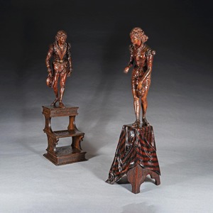 A Fine and Imposing Pair of Large-Scale Carved Walnut Venetian Figures in Elaborate Costume by Valentino Besarel (1829-1902)
