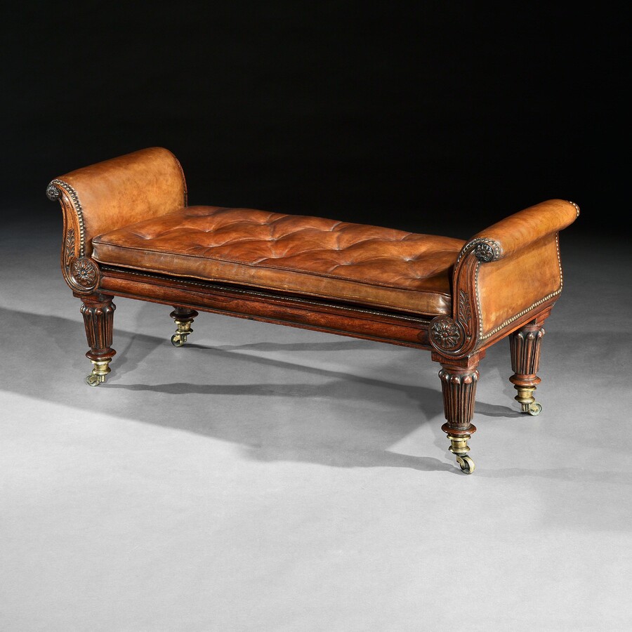 Fine Regency Rosewood Leather Upholstered Window Seat.